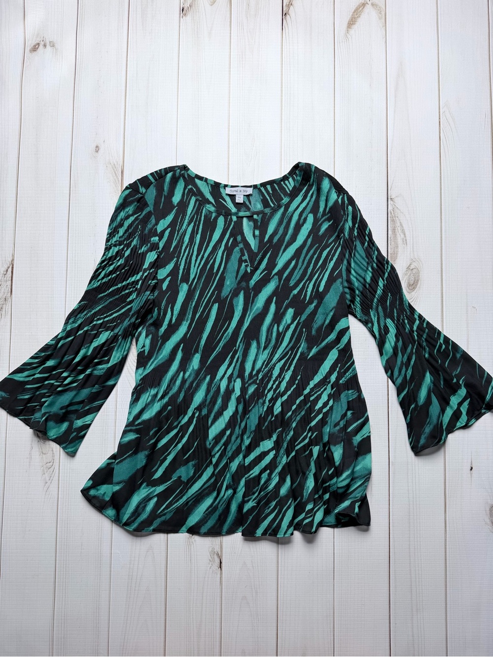 Pleated Bell-Sleeve Zebra Print Blouse in Teal and Black
